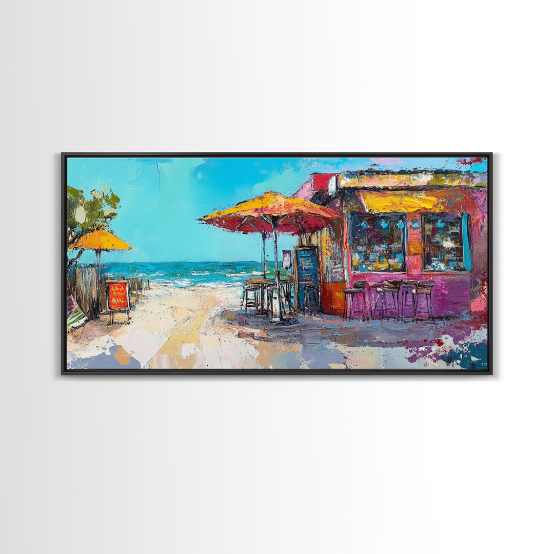 Beach Bar, Coastal Landscape Art, Tropical Art, Nautical Wall Art, Ocean Painting, Extra Wide Art, Framed Canvas Print, Rustic Wall Art