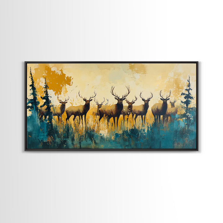 Deer Herd Painting, rustic wall art, farmhouse art, wildlife painting, nature painting, framed canvas print, woodland decor