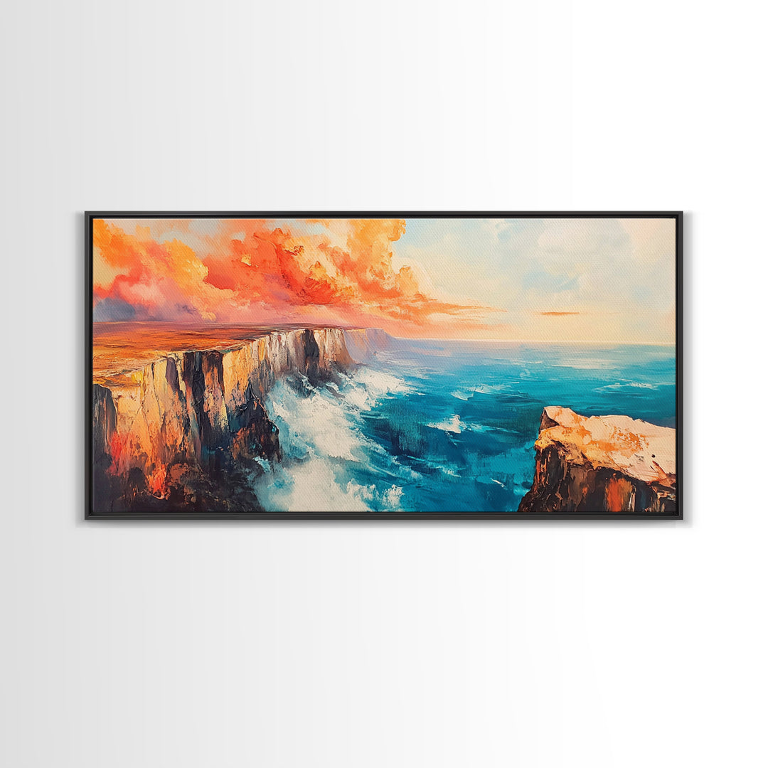 Coastal Cliffs Painting, landscape painting, seascape painting, blue and green wall art, framed canvas print, nautical wall art