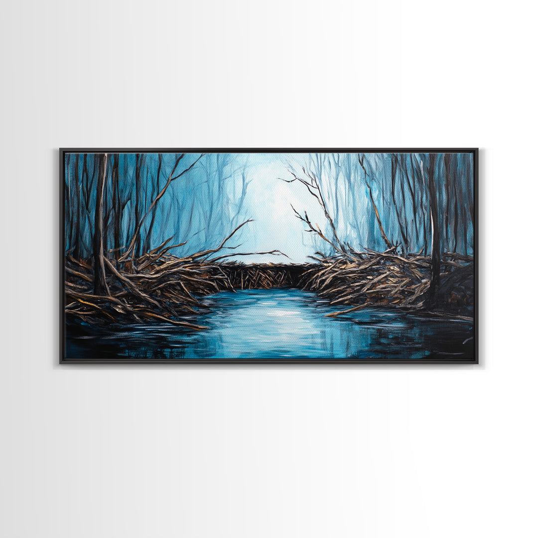 Beavers, river, landscape painting, extra wide art, panoramic painting, moody art, framed canvas print, rustic wall art, bedroom art