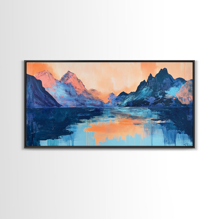 Twilight Peaks, pink orange wall art, framed canvas print, panoramic painting, above sofa art, extra wide art, landscape painting