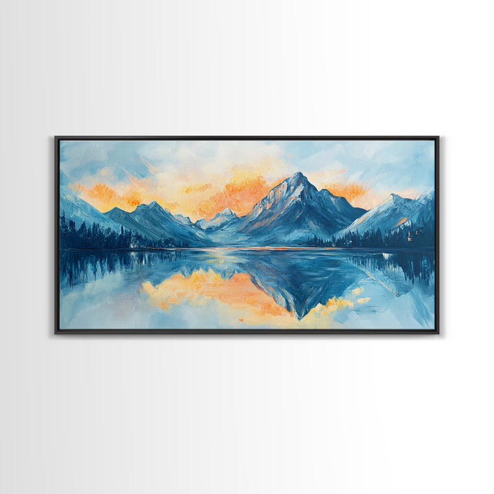 Lake Reflection, Sunset Mountains, Panoramic Art, Framed Canvas Print, Mountain Painting, Lake Art, Horizontal Wall Art, Bedroom Art