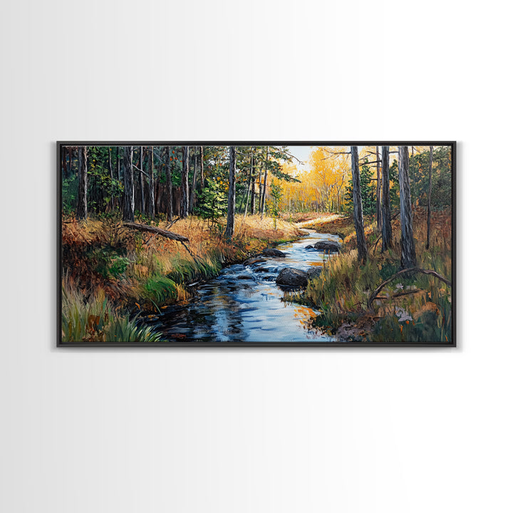 Autumn Forest, Creek Painting, Panoramic Art, Framed Canvas Print, Pine Tree Art, Rustic Wall Art, Extra Wide Art, Fall Landscape Painting