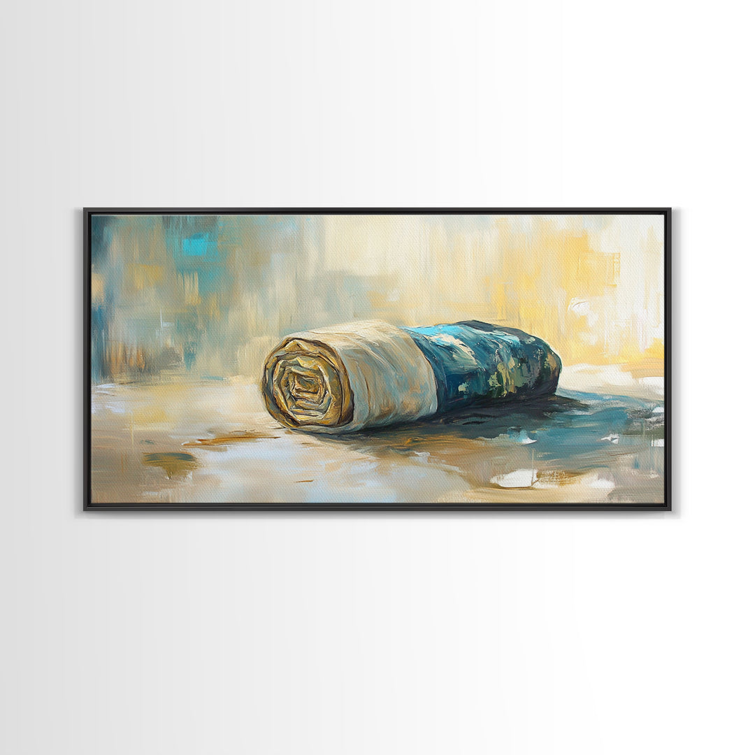Rolled fabric, oil painting from photo, rustic decor, farmhouse art, wabi sabi art, framed canvas print, horizontal wall art, gift idea