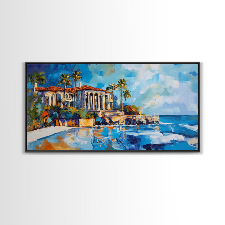 Coastal Mansion, Palm Trees, Panoramic Art, Framed Canvas Print, Coastal Landscape Art, Tropical Decor, Extra Wide Art, Living Room Art