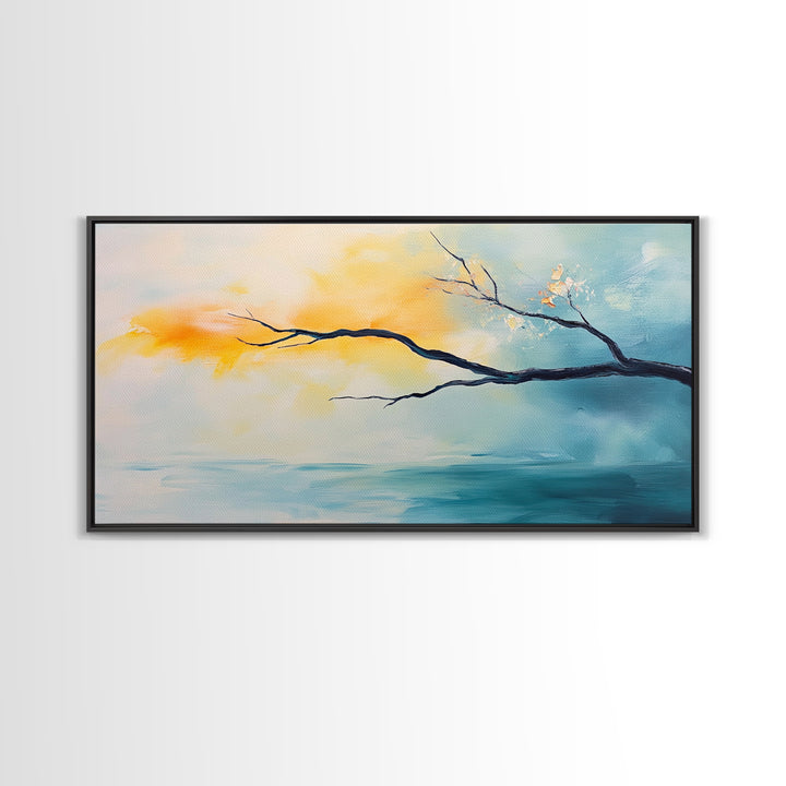 Cherry blossom painting, coastal decor, framed canvas print, minimalist art, abstract landscape, extra wide art, horizontal wall art
