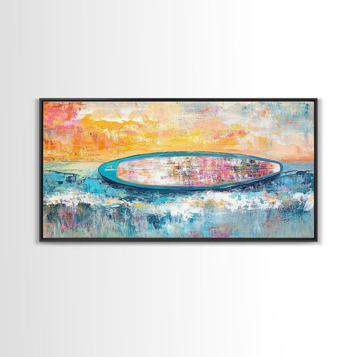 Coastal wall art, surf wall art, framed canvas print, extra wide art, nautical decor, vibrant painting, panoramic art, tropical art