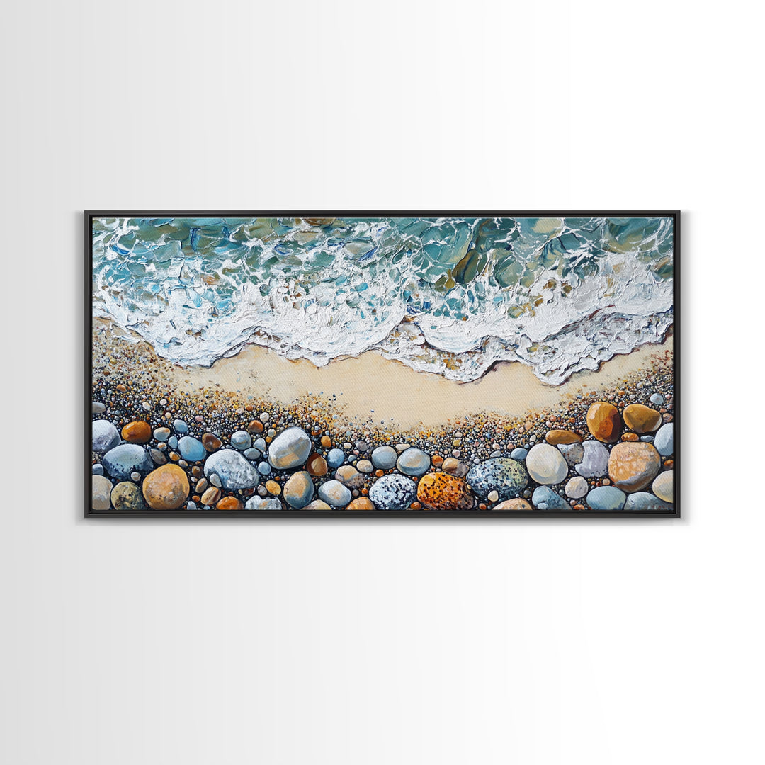 Coastal decor, beach painting, framed canvas print, extra wide art, ocean waves, seascape painting, rustic wall art, nautical wall art