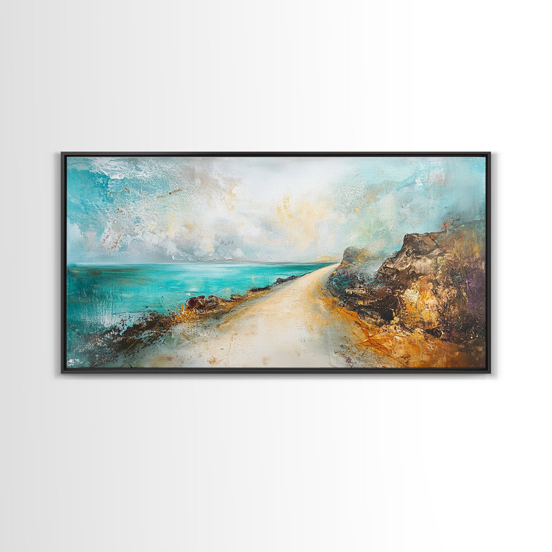 Coastal decor, framed canvas print, extra wide art, nautical wall art, beach road painting, rustic landscape, panoramic art