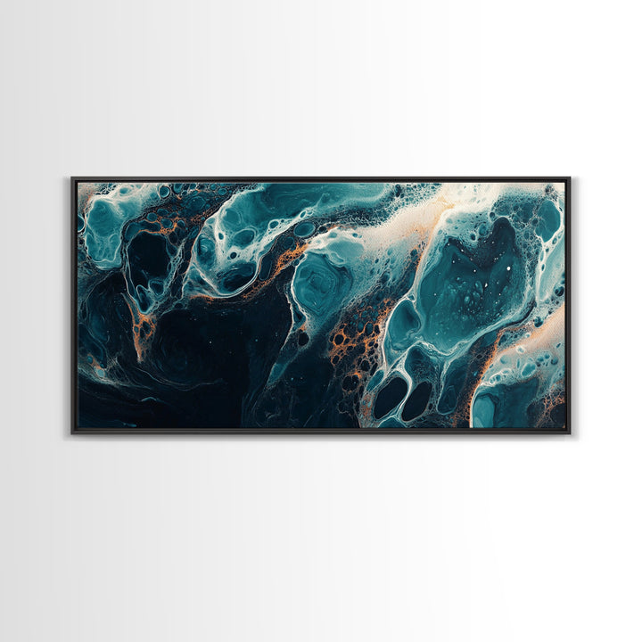 Abstract Fluid Art, moody art, blue and green wall art, wabi sabi art, extra wide art, horizontal wall art, Canvas Print