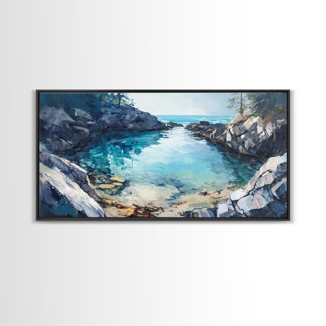 Rocky Coastal Cove, Maine oil painting, nautical decor, seascape painting, extra wide art, above bed wall art, Canvas Print