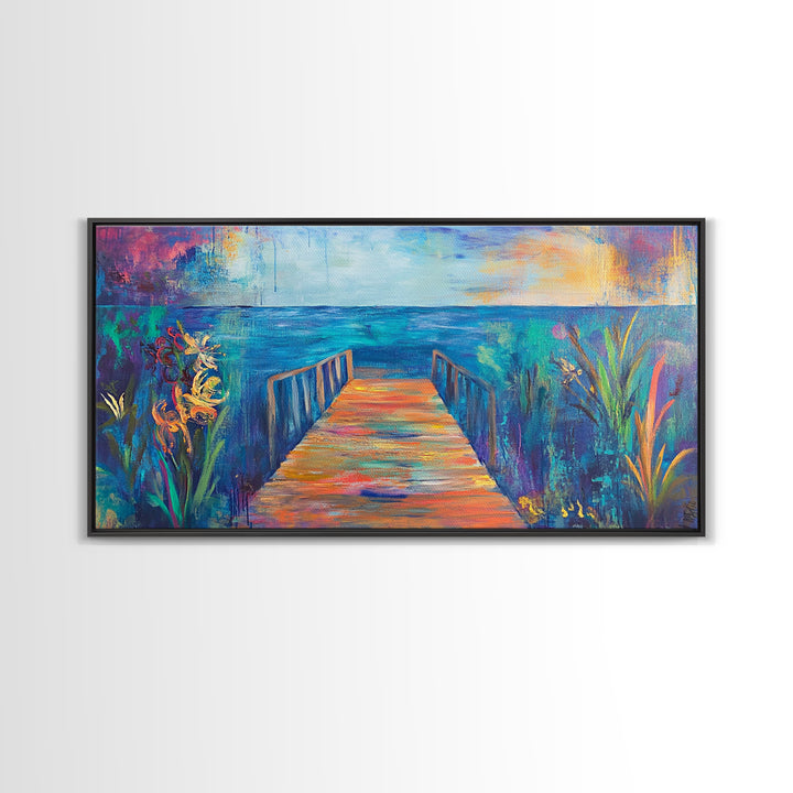 Dock, ocean sunset, coastal painting, coastal landscape art, nautical decor, seascape painting, framed canvas print, above bed wall art