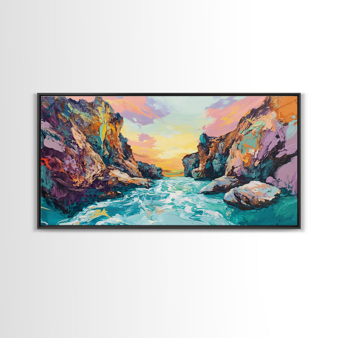 Coastal Canyon Sunset, panoramic painting, extra wide art, framed canvas print, seascape painting, southwest wall art