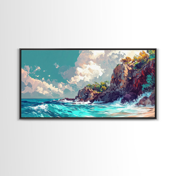 Rocky Cliff Beach, coastal landscape art, framed canvas print, seascape painting, nautical decor, extra wide art, above couch art