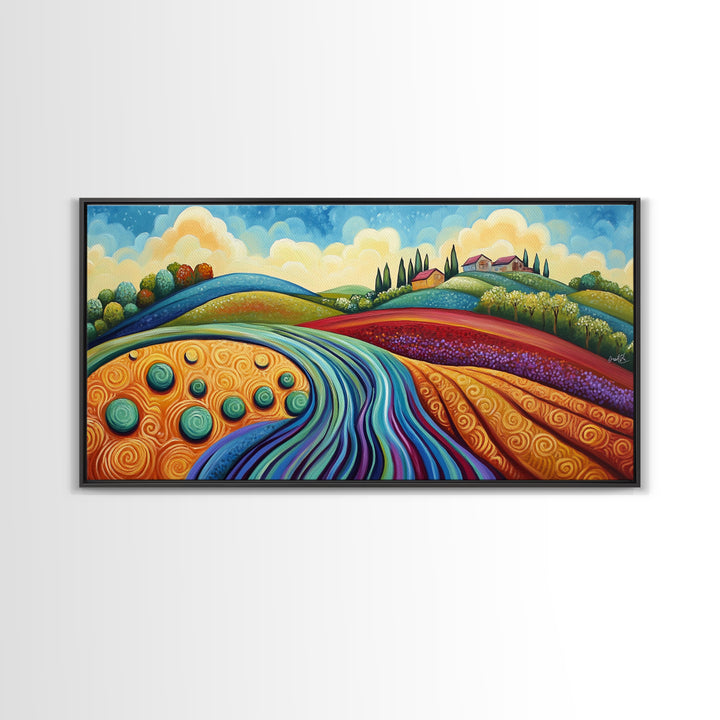 Whimsical Hills, rolling landscape, colorful fields, abstract nature, bold painting, extra wide art, Framed Canvas Print, rustic art