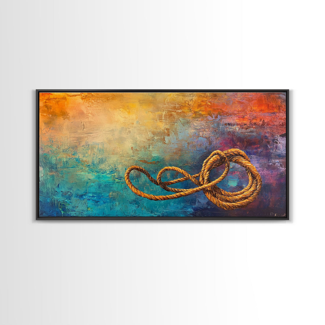 Abstract Rope, warm tones, infinity knot, rustic decor, textured art, extra wide art, Framed Canvas Print, nautical painting