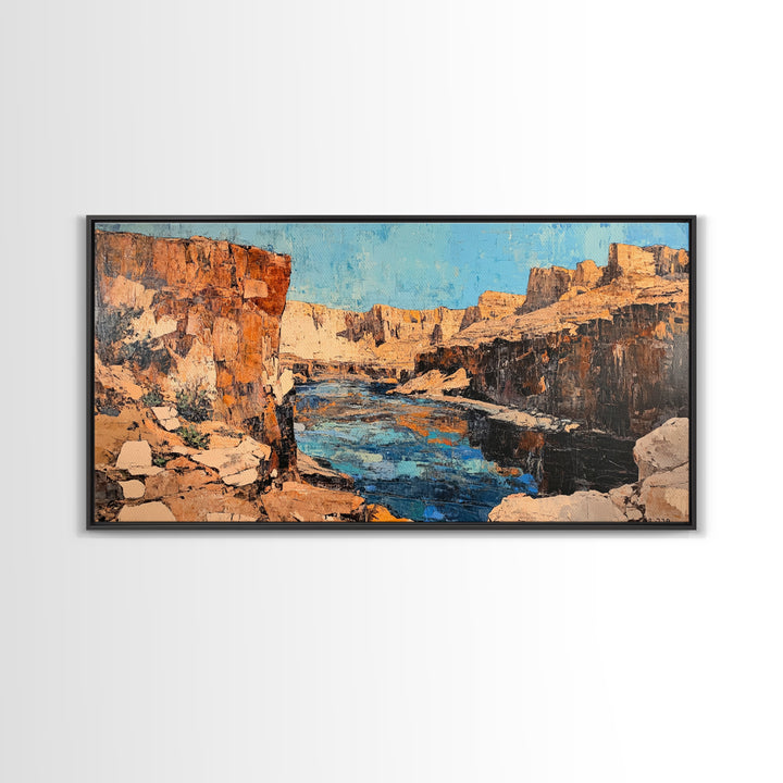 Canyon River, southwest landscape, desert cliffs, textured painting, extra wide art, panoramic art, Framed Canvas Print, rustic decor
