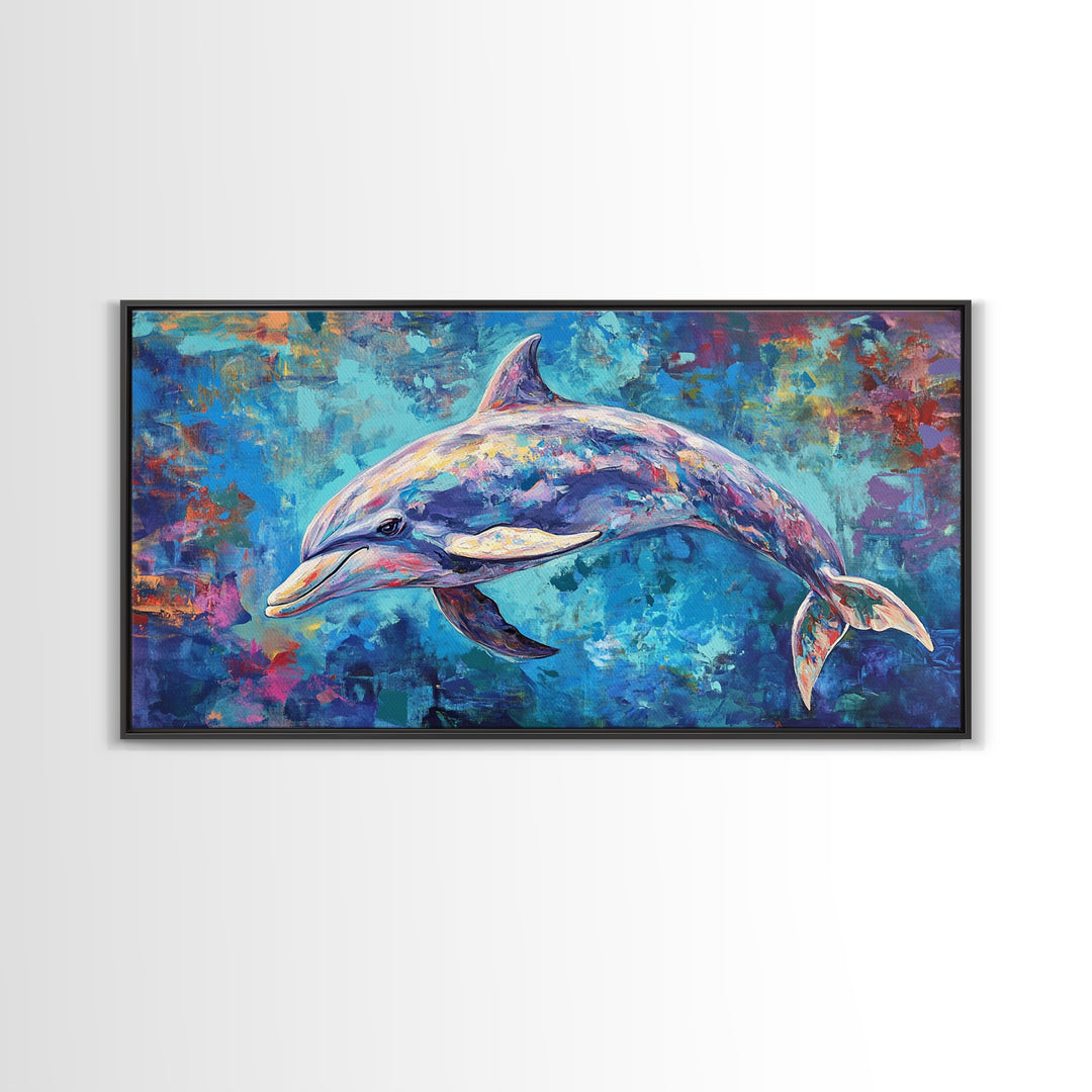 Dolphin Painting, blue and green wall art, coastal decor, nautical painting, framed canvas print, whimsical art, ocean wall art