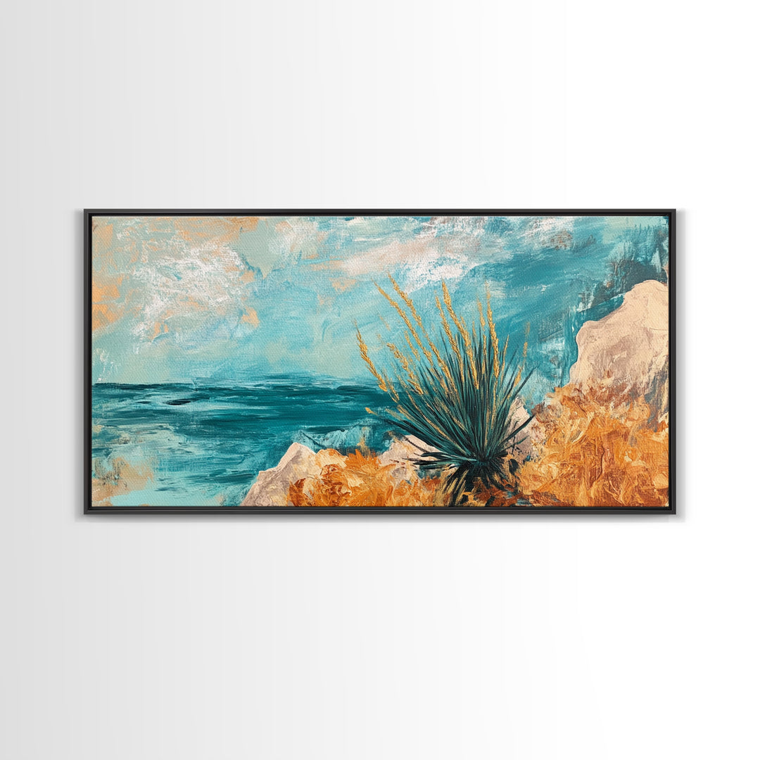 Coastal Desert Painting, agave painting, southwest wall art, Joshua tree art, coastal landscape art, Framed Canvas Print