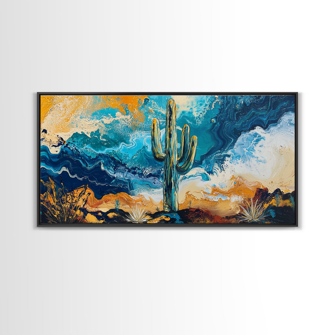 Cactus Desert Art, southwest wall art, Joshua tree art, moody art, rustic decor, extra wide art, panoramic art, Framed Canvas Print