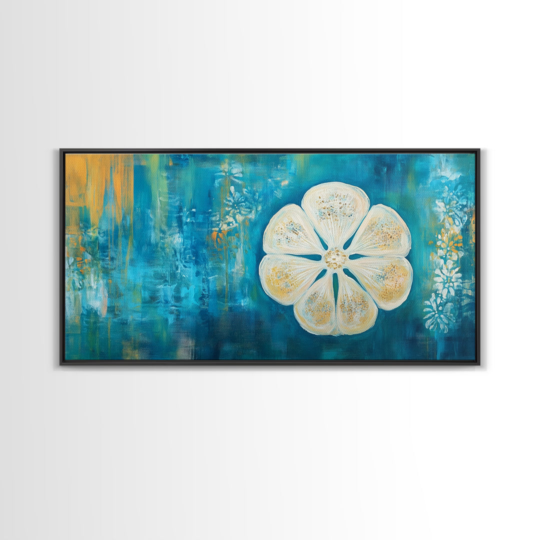 Abstract Floral, Botanical Prints, Coastal Landscape Art, Wabi Sabi Art, Framed Canvas Print, Extra Wide Art, Blue and Gold Wall Art