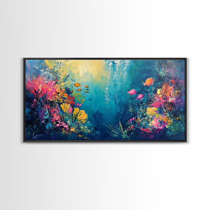 Coral Reef Painting, Coastal Decor, Ocean Wall Art, Nautical Painting, Framed Canvas Print, Underwater Artwork, Marine Life Art
