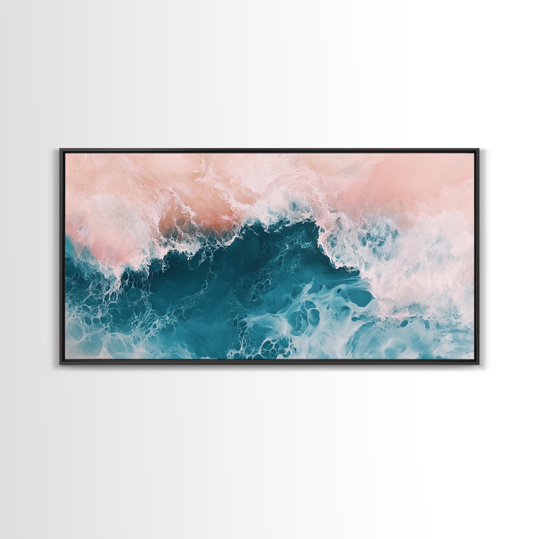 Abstract Ocean, Coastal Landscape Art, Nautical Wall Art, Framed Canvas Print, Teal and Pink Art, Surf Inspired Artwork