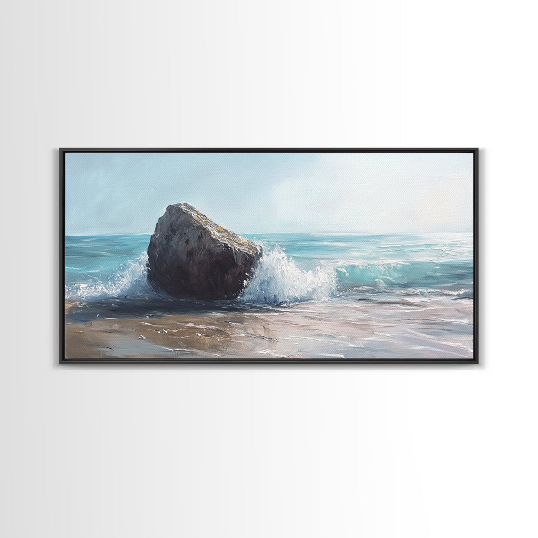 Ocean Rock Painting, seascape painting, coastal decor, nautical wall art, above bed wall art, horizontal art, canvas print