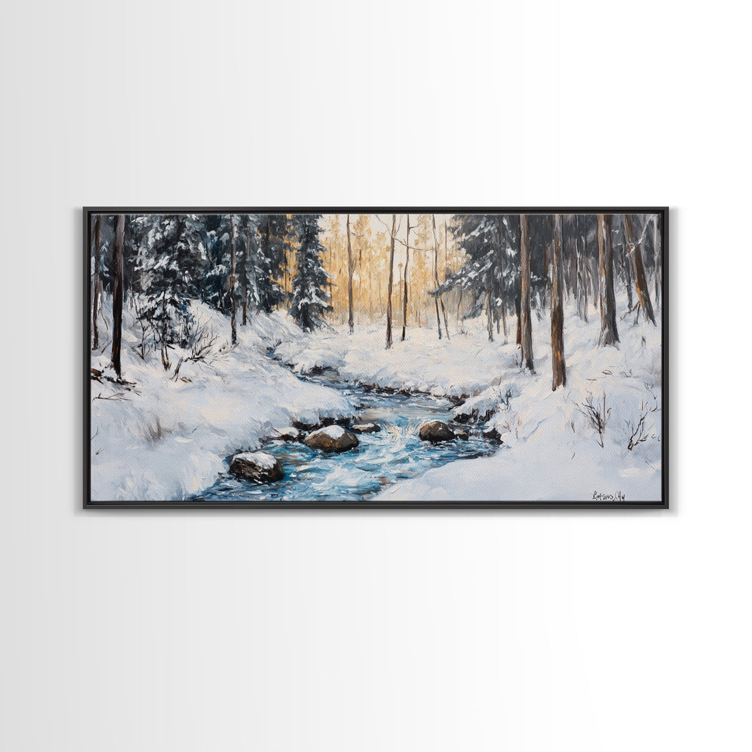 Birch Tree Painting, Snowy River Art, Winter Landscape, Framed Canvas Print, Farmhouse Art, Wabi Sabi Art, Tall Narrow Art