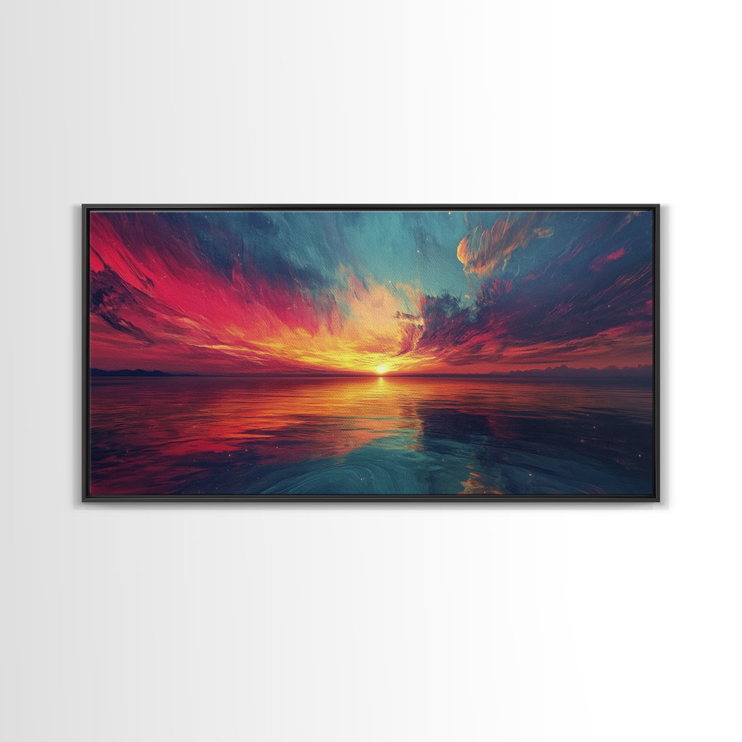 Cosmic Sunset, Dark Romance, Lofi Art, Moody Wall Art, Extra Wide Art, Above Couch Art, Framed Canvas Print, Bedroom Decor