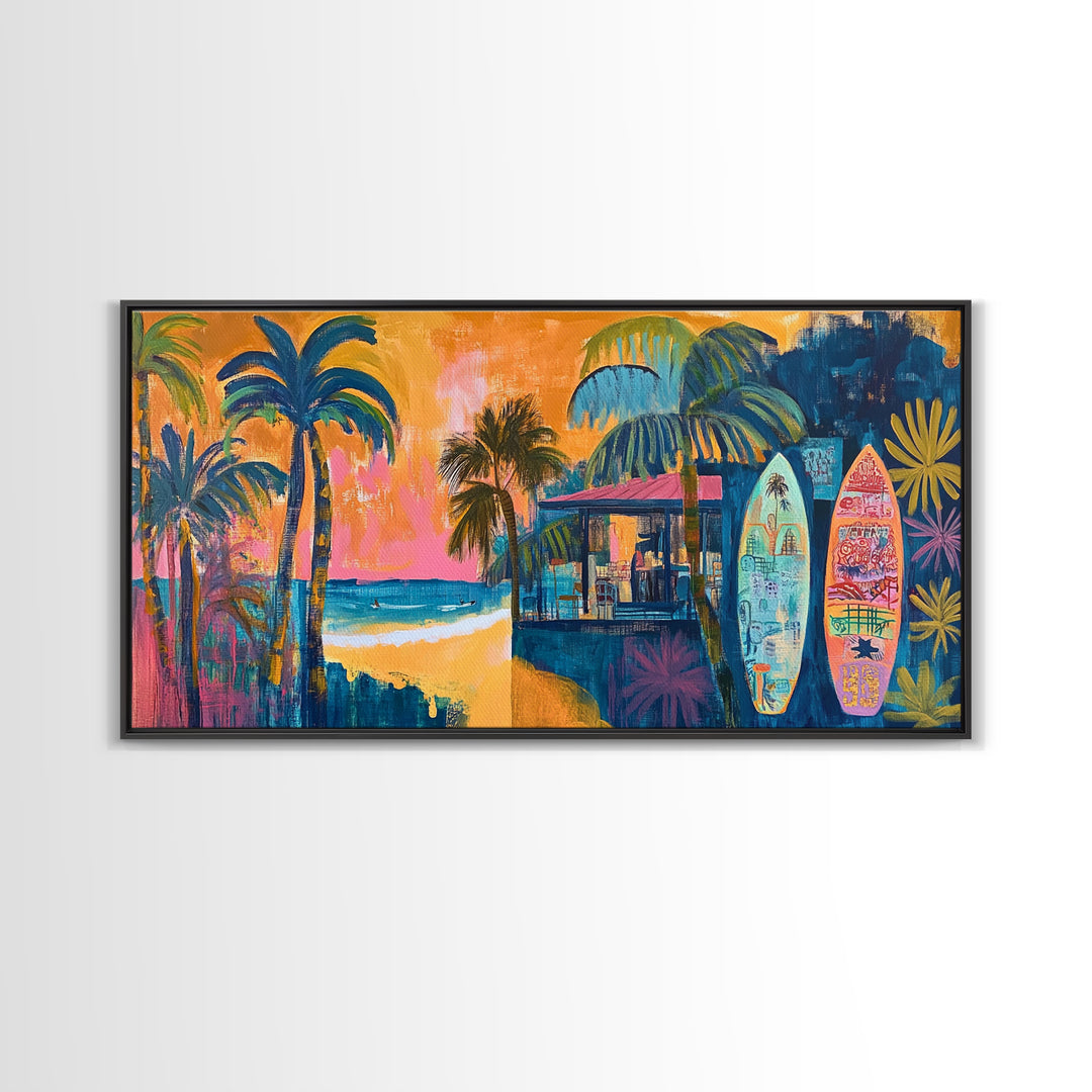 Beach Bar, palm tree painting, surf wall art, coastal decor, nautical wall art, tropical art, above couch art, Canvas Print