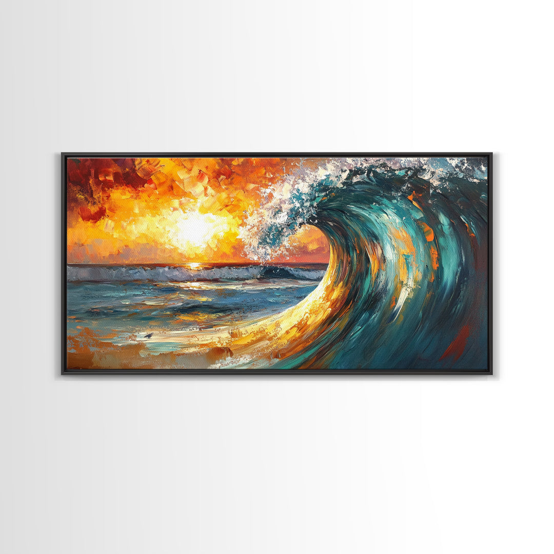 Ocean wave, sunset surf, seascape painting, framed canvas print, surf wall art, nautical painting, coastal decor