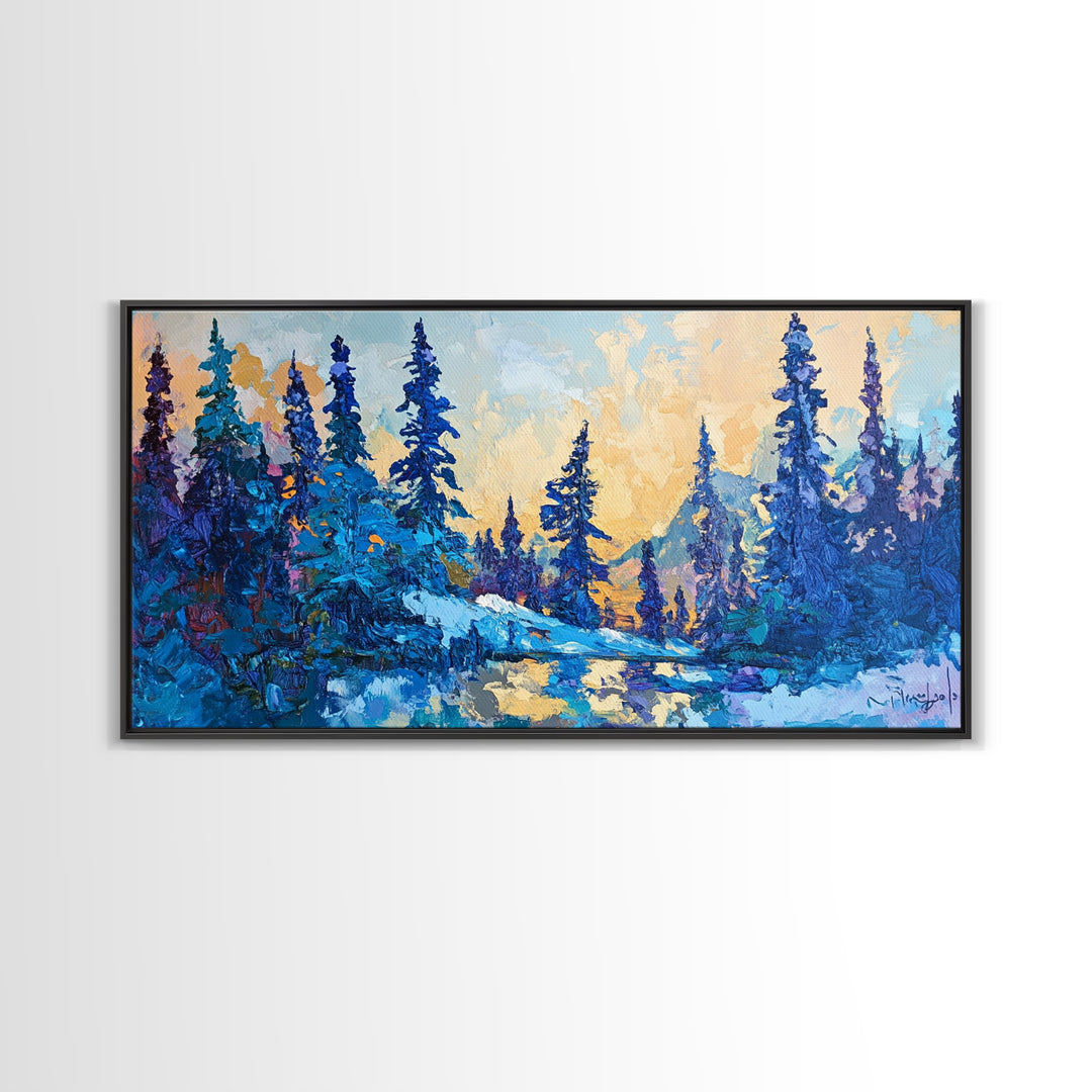 Pine trees, winter landscape, moody forest, framed canvas print, pine tree art, smoky mountain art, rustic wall art