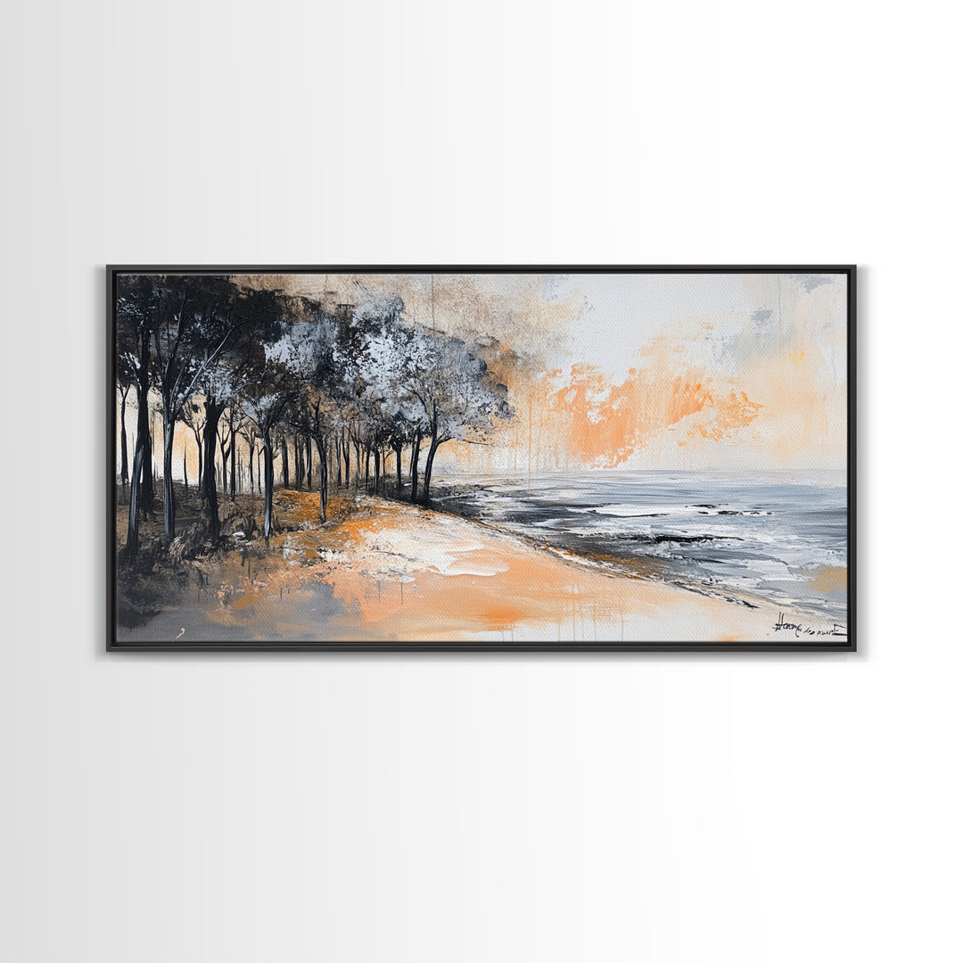 Coastal Landscape, Framed Canvas Print, beach painting, ocean wall art, panoramic painting, extra wide art, above sofa art
