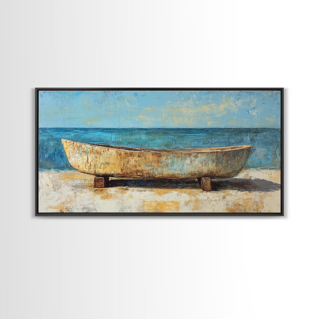 Rustic Boat, Framed Canvas Print, coastal wall art, nautical decor, rustic art, extra wide painting, panoramic painting