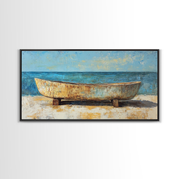 Rustic Boat, Framed Canvas Print, coastal wall art, nautical decor, rustic art, extra wide painting, panoramic painting