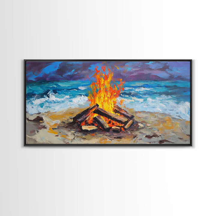 Beach bonfire, coastal decor, surf wall art, nautical painting, ocean fire, rustic wall art, horizontal wall art, canvas print, seascape