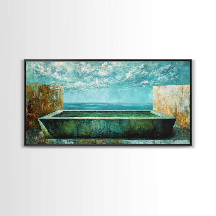 Infinity Pool, Canvas Print, modern landscape art, minimalist decor, extra wide painting, blue and green wall art, contemporary art
