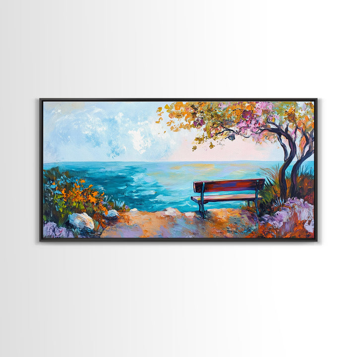 Bench, ocean view, autumn tree, Canvas Print, coastal landscape art, seascape painting, above bed wall art, extra wide art