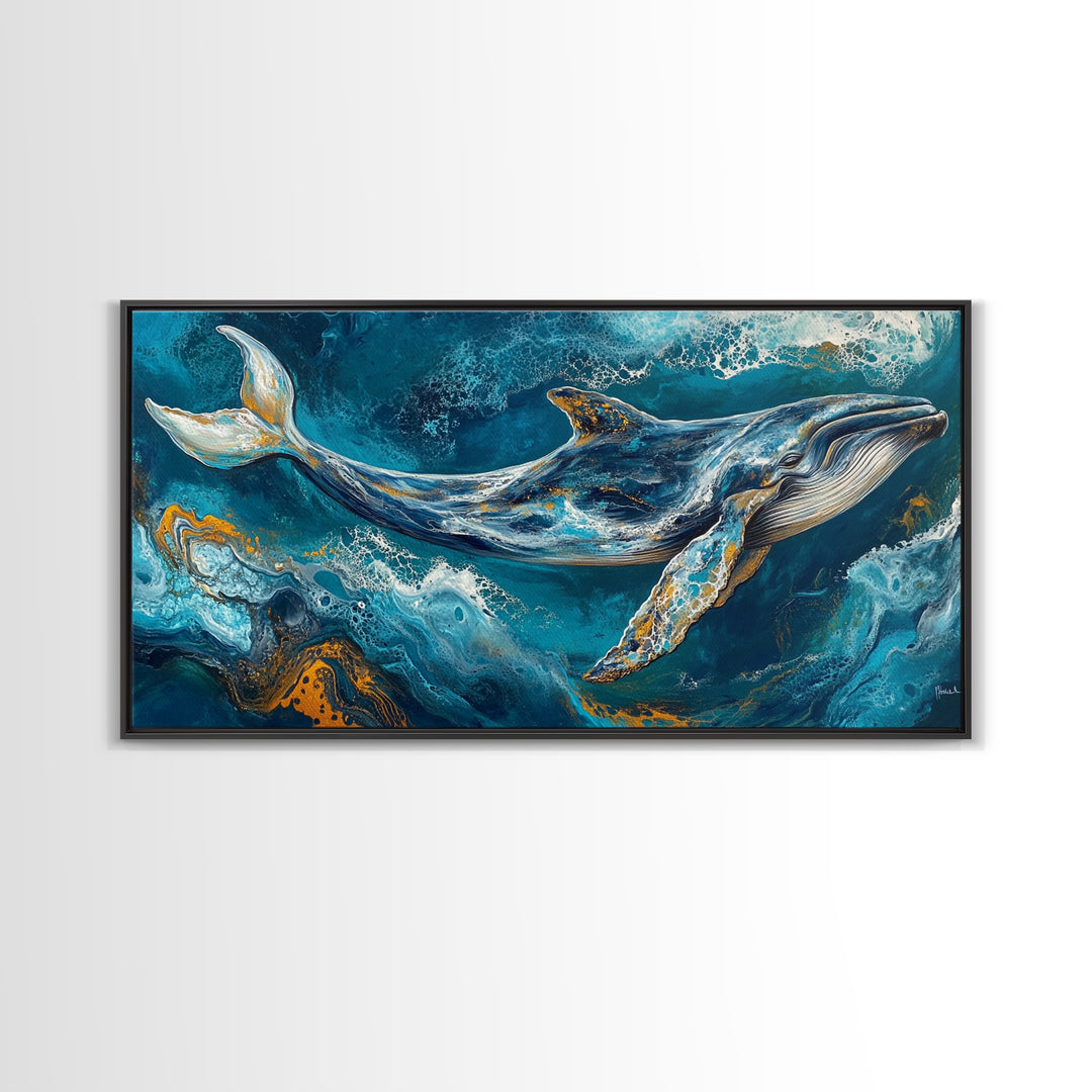 Blue whale, ocean waves, Canvas Print, whale painting, nautical decor, coastal wall art, seascape painting, extra wide art