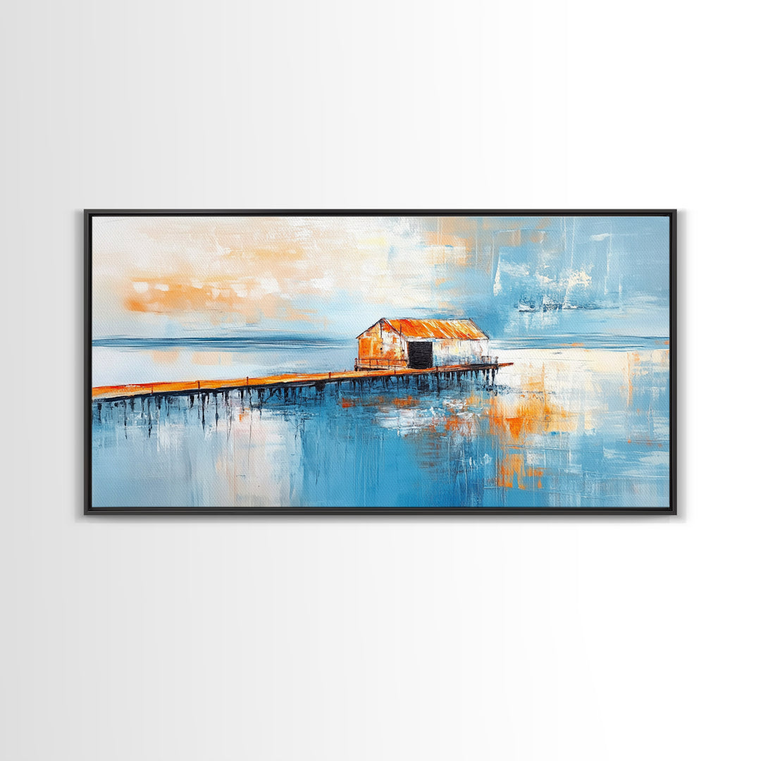 Dock, rustic barn, reflection, Canvas Print, barn landscape oil painting, coastal decor, nautical painting, panoramic art