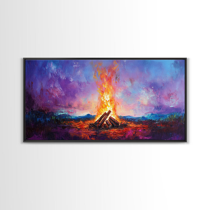 Campfire painting, rustic decor, boho art, mountain painting, cozy fire, scenic landscape, extra wide art, framed canvas print, warm glow