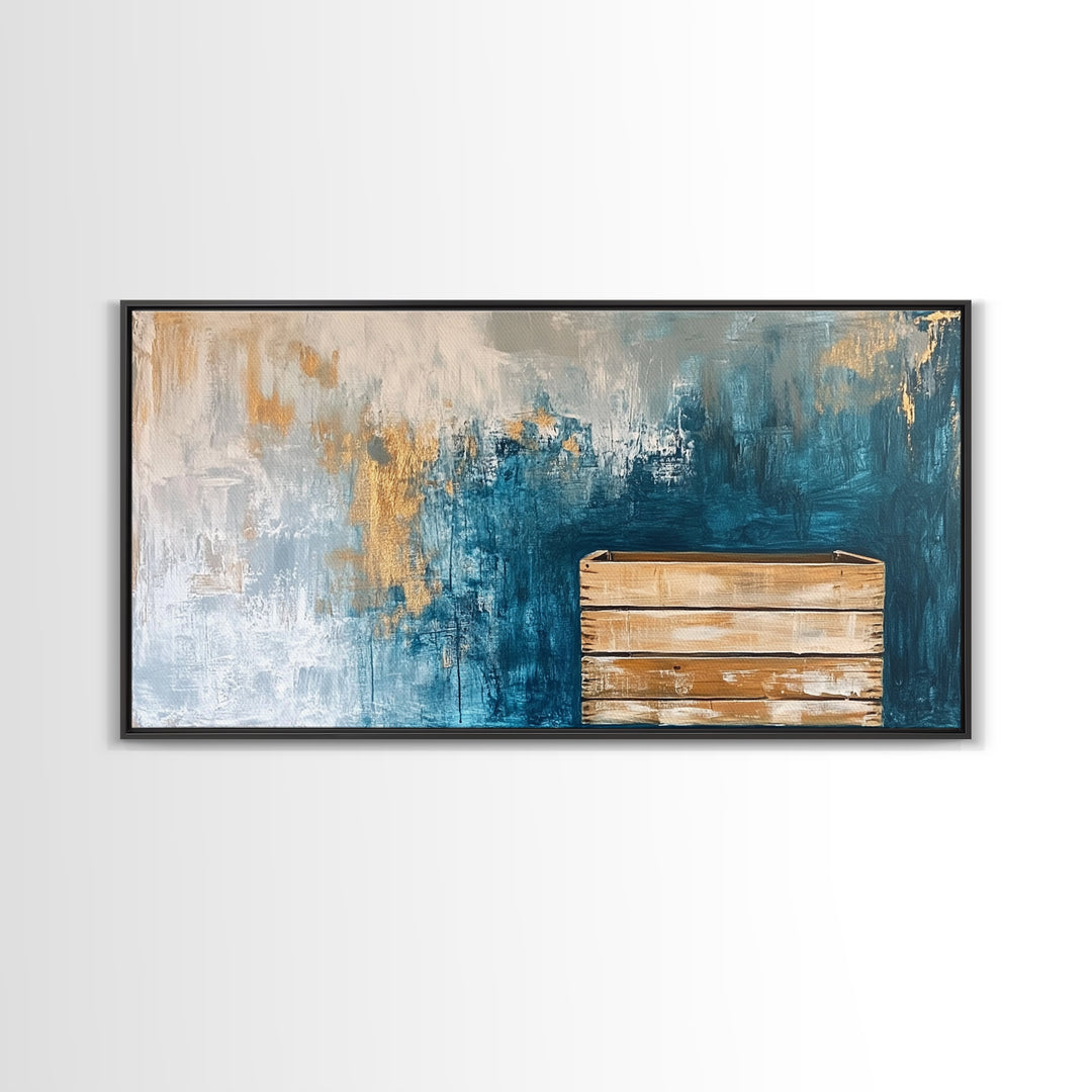 Abstract Rustic Art, Blue Gold Textured, Canvas Print, Wabi Sabi Art, Minimalist Art, Therapy Art, Extra Wide Art, Modern Decor