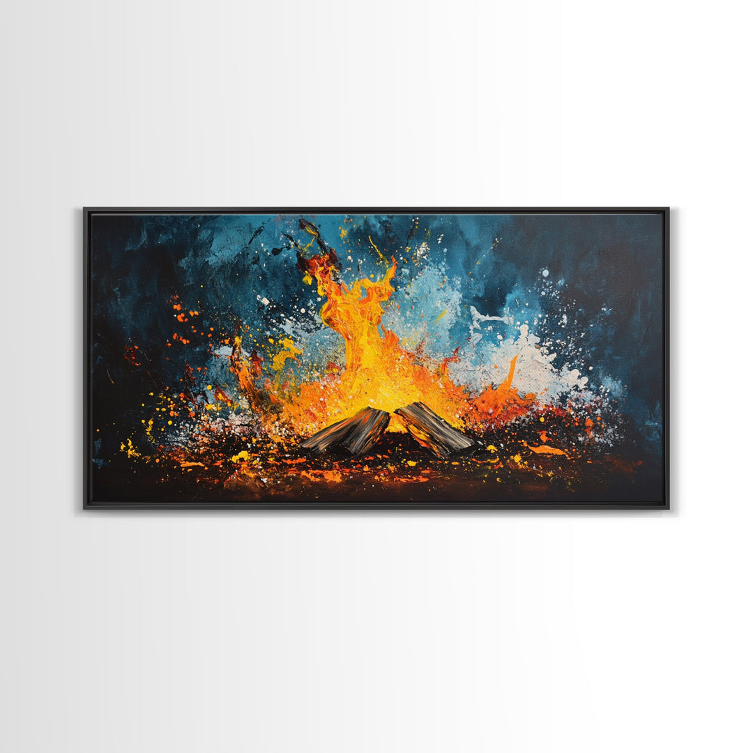 Abstract fire, moody art, geometric wall art, boho decor, flame painting, rustic wall art, extra wide art, framed canvas print, teal wall art