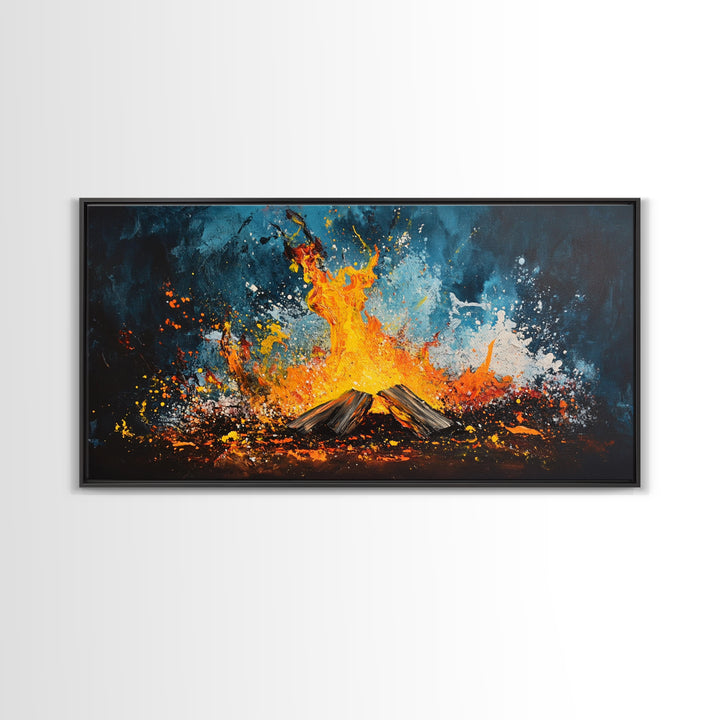 Abstract fire, moody art, geometric wall art, boho decor, flame painting, rustic wall art, extra wide art, framed canvas print, teal wall art