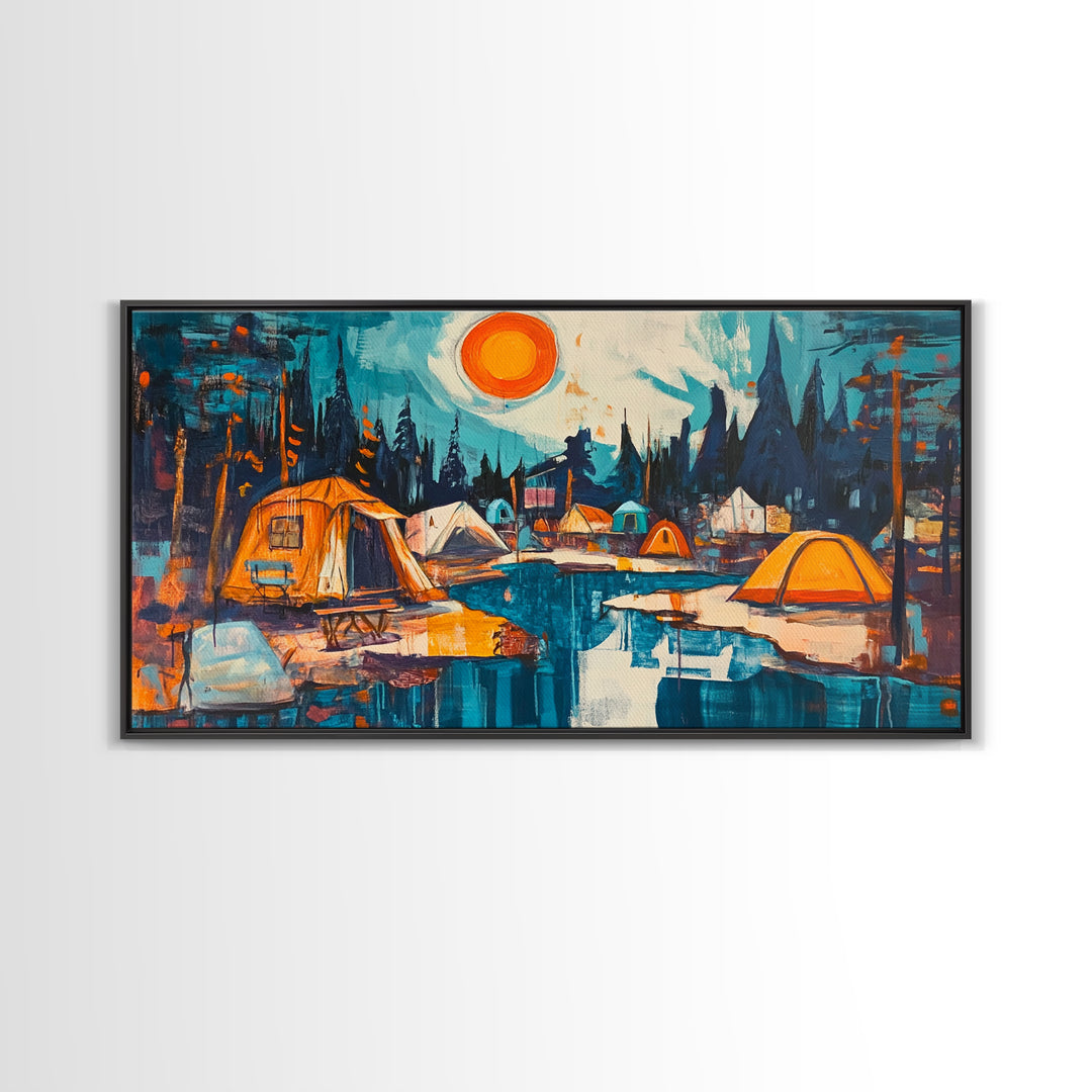 Camping painting, rustic wall art, pine tree art, mountain painting, nature lovers, warm glow, framed canvas print, wabi sabi art, moody art