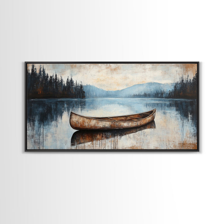 Canoe painting, lake decor, mountain painting, rustic wall art, serene landscape, farmhouse art, extra wide art, framed canvas print, nautical