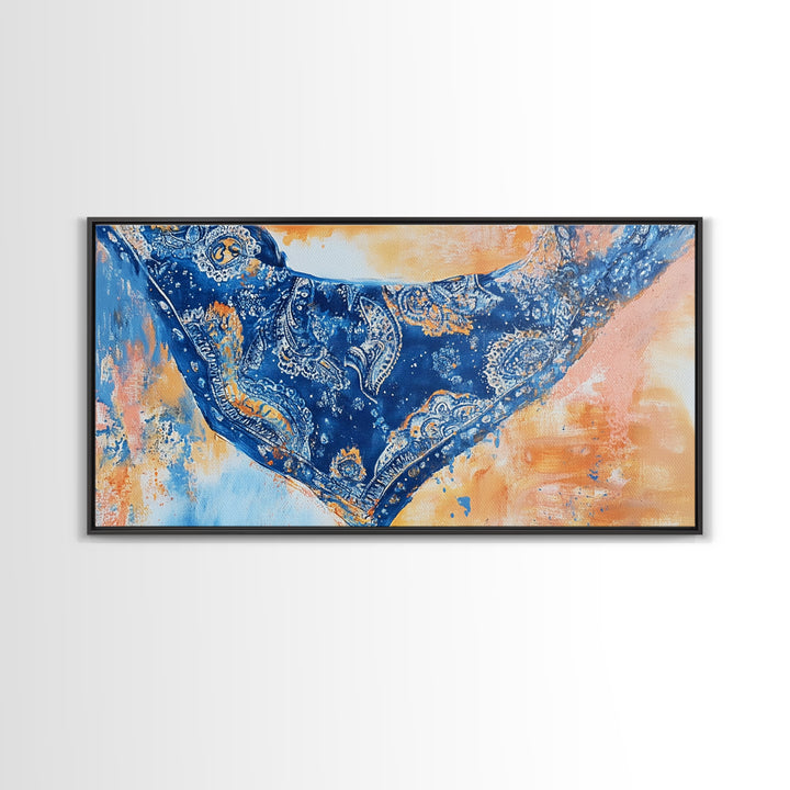 Bandana Print, Blue Wall Art, Vintage Art, Southwestern Art, Chinoiserie Wall Art, Extra Wide Art, Framed Canvas Print, Above Couch Art