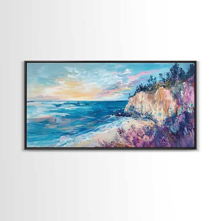 Coastal Cliffs, Sunset Ocean View, Seascape Wall Art, Coastal Landscape Art, Nautical Decor, Framed Canvas Print, Extra Wide Art