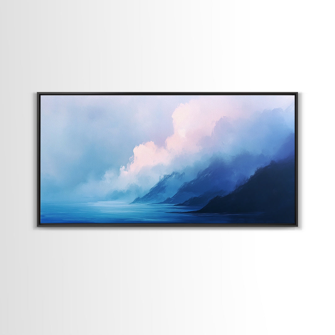 Blue Mountain Mist, Moody Landscape, Coastal Landscape Art, Minimalist Art, Extra Wide Art, Framed Canvas Print, Living Room Art